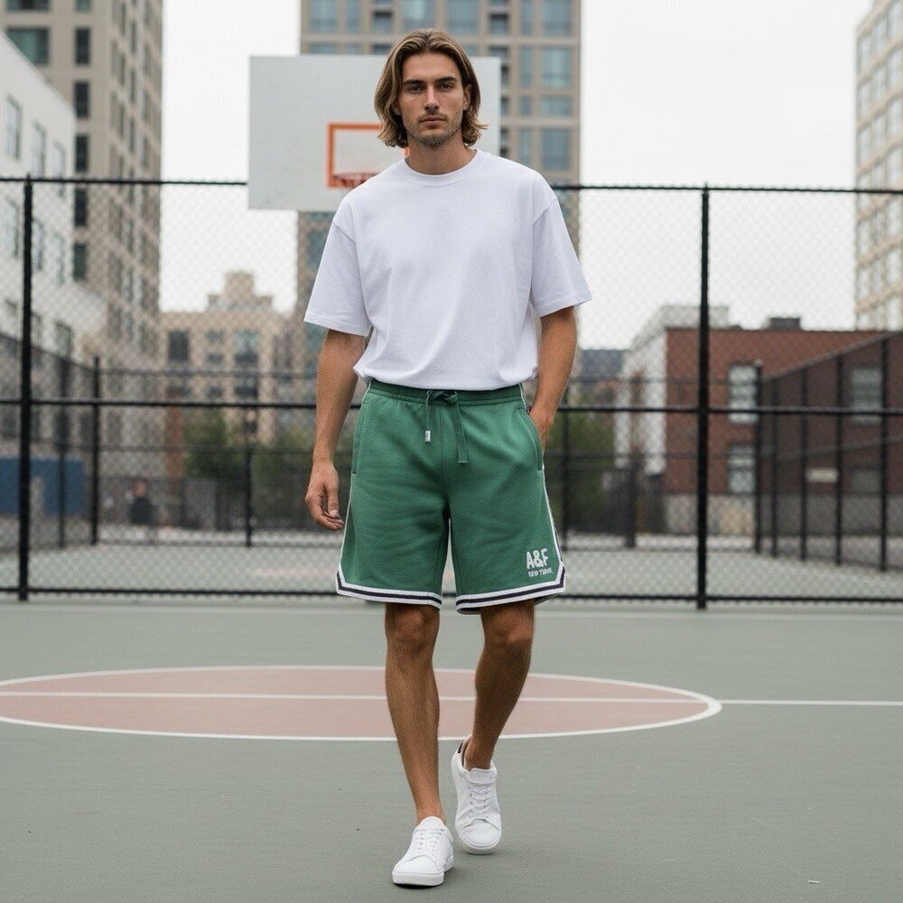 Y2K Abercrombie Fitch Mens Small Green Logo Fleece Active Long Sweat Shorts
